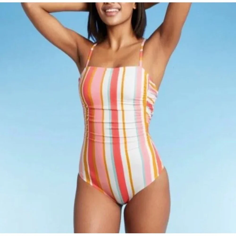Kona Sol Square Neck One Piece Swimsuit-Large-Lined-Adjustable-Shirring-NWOT